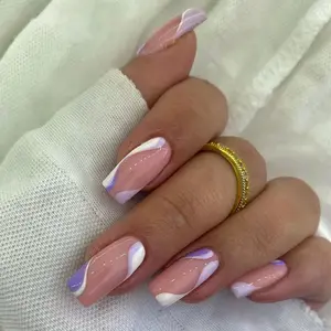 custom beautiful nails curved solid color purple white waves french press on nails wholesale square soft gel long nail tips