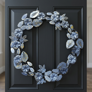 Couronne décorative en métal faite à la main, style classique, art mural floral non éclairé, confectionné avec des feuilles et des fleurs bleues et argentées - Product Image 2
