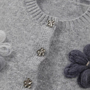 Women's Gray 3D Floral Knit <b>Cardigan</b> Loose Fit Single Breasted Color Block Design Autumn Wear - Product Image 3