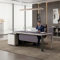 Table de bureau moderne et durable en placage de bois avec panneau géométrique bicolore et pieds en métal, vente en gros directe usine pour fournitures de bureau en gros