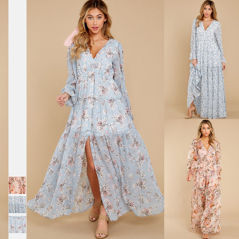 New chic v neck floral maxi long elegant casual dresses women