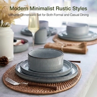 Ensemble de 18 assiettes rondes rayées EKA en céramique, vaisselle anti-rayures, passe au micro-ondes et au lave-vaisselle, assiettes à steak, assiettes à pâtes, assiettes à soupe