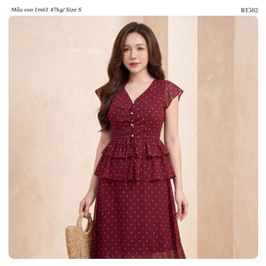 Women’s Polka Dot Chiffon Two Piece Set V Neck Flutter Sleeve Peplum <b>Top</b> Maxi Skirt Co Ord Set OEM ODM Wholesale Vietnam - Product Image 3