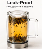 Mug à thé en verre borosilicate à double paroi de 350 ml avec logo personnalisé, avec poignée, couvercle en acier inoxydable et infuseur amovible pour la maison et le bureau