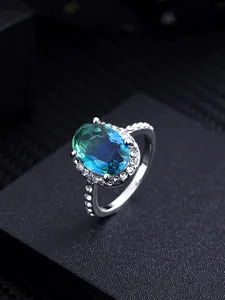 Joia de estilo clássico europeu com diamante azul real redondo, anel de elegância requintado para mulheres, coração do mar
