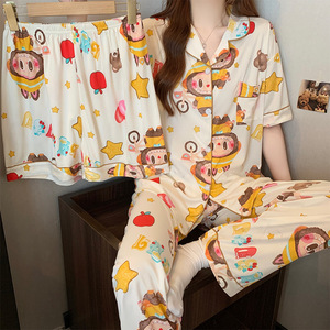 여자의 캐주얼 <span class=keywords><strong>Labubu</strong></span> 가정 옷 봄 여름 얇은 반팔 3 피스 파자마 세트 만화 도매 ODM - Product Image 2