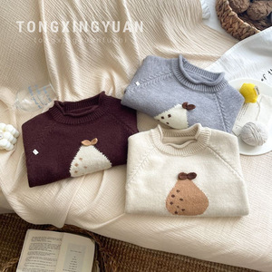 Tongxingyuan Girls Sweater Beige Gray 380 Round Neck Cartoon Knitted Top Autumn Winter Casual Cotton Wool Sweater - Product Image 3