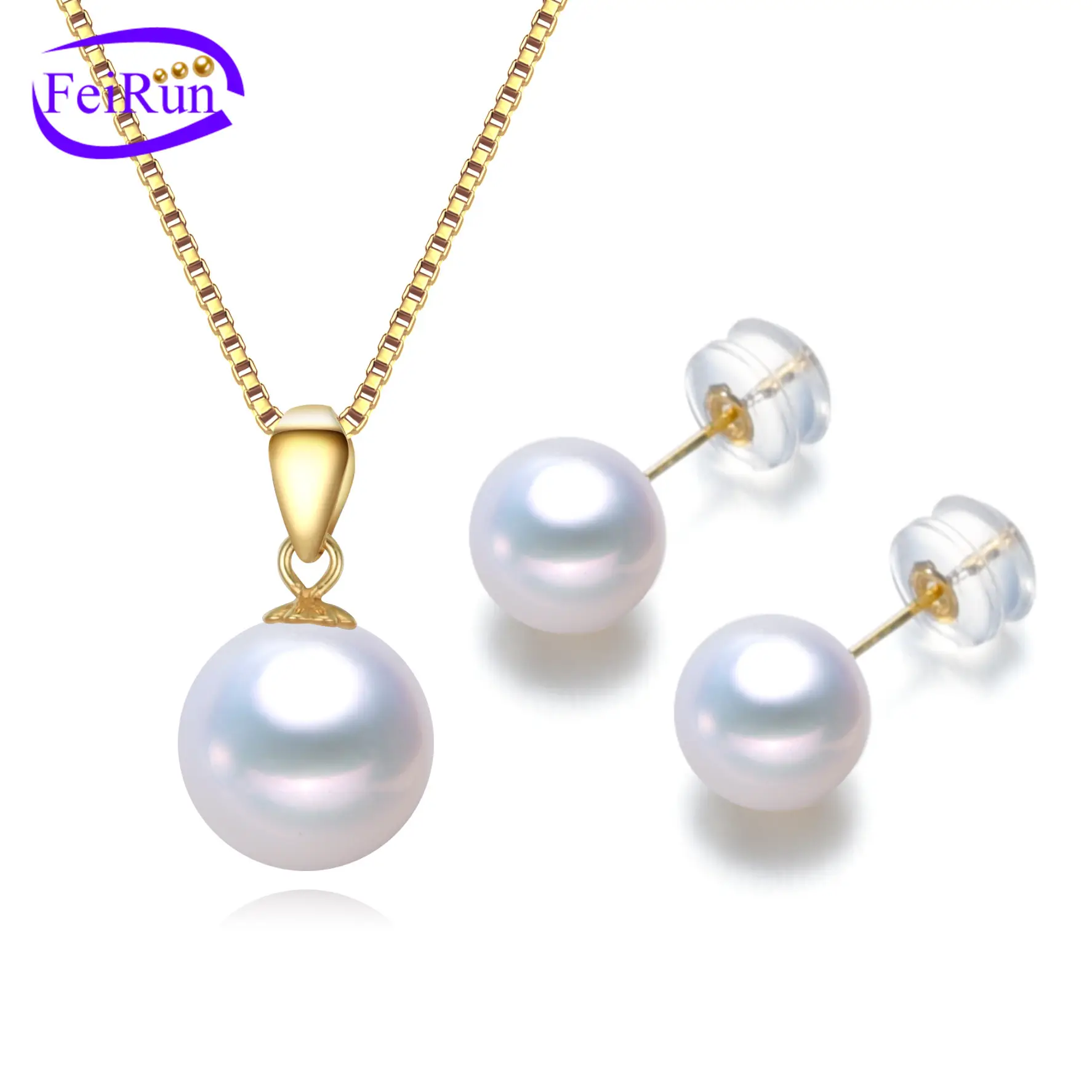 FEIRUN 7.5-8mm 3A ronde Groothandel Vrouwen Real Natuurlijke Zoetwater Parel 18k gouden Sieraden Set