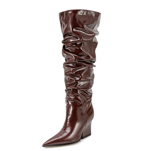 Bottes hautes plissées à talon compensé épais pour femme, coupe large, avec fermeture éclair latérale, grande taille 45 - Product Image 3