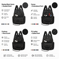 Sac à dos en denim noir, motif visage imprimé, bretelles réglables, logo personnalisé multicolore, vente en gros OEM/ODM
