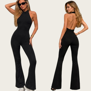 Women's Gothic Summer Yoga Activewear O-Neck Backless Stretchy Knitted Eco-Friendly Full-Length <b>Bodysuit</b> Jumpsuit - Product Image 1