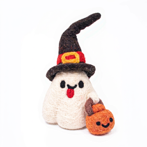 Décoration d'Halloween en feutre de laine fait main, fantôme blanc avec chapeau de sorcière et seau citrouille |   Jouet en peluche miniature mignon pour les enfants de 2 à 4 ans - Product Image 1