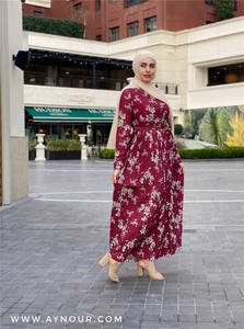 Abbigliamento etnico islamico preghiera elegante O collo bottone frontale stampa floreale pieghettato Chiffon abito Abaya musulmano Dubai <span class=keywords><strong>turchia</strong></span> Ramadan - Product Image 6