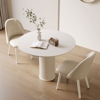 Table basse ronde en ardoise crème, style minimaliste moderne, table multifonctionnelle pour salle à manger et réception, ensemble table et chaises pour petits espaces domestiques