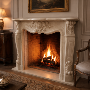Traditional Marble <b>Fireplace</b> Mantel With Ornate Carving Galala Beige marble Stone Indoor Wood Burning Hearth For Dining Room - Product Image 1