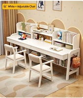 Bureau d'étude double en bois massif avec étagère, réglable en hauteur, pour deux enfants