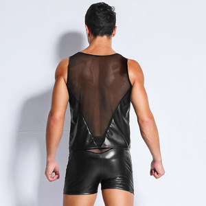Haut en vinyle pour <span class=keywords><strong>homme</strong></span> Lingerie en similicuir et maille noire T-shirt sans manches sexy Sous-vêtements érotiques Costumes masculins sexy - Product Image 4