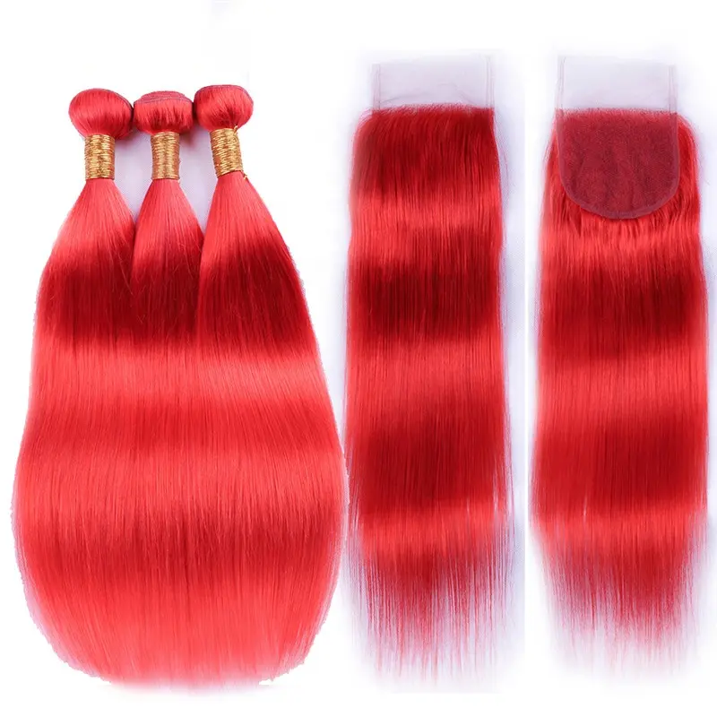 1PC/3PCS Brazilian Straight Human Hair Bundles Red Human Hair Weave Bundles With Closure Remy Hair Extension