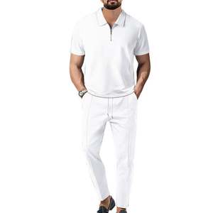 เสื้อโปโลผู้ชายแบบใหม่ 2 ชุด แฟชั่นลำลอง สไตล์ธุรกิจ ระบายอากาศได้ดี ปกเสื้อแบบปกเชิ้ต กางเกงแบบเชือกผูก สีพื้น ผู้ชาย 2 ชุด - Product Image 3
