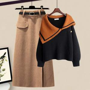 Vente en <span class=keywords><strong>gros</strong></span> d'usine, ensemble deux pièces pour femmes, <span class=keywords><strong>pull</strong></span> à <span class=keywords><strong>col</strong></span> <span class=keywords><strong>roulé</strong></span> de grande taille, automne, couleur contrastée, jupe en tricot fendue, tendance - Product Image 1