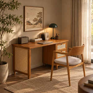 Modern Wood <b>Desk</b> with Rattan Panels and <b>Drawer</b> Scandinavian Home Office Furniture Set Rustic Computer Table - Product Image 1