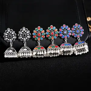 Vintage Cổ Dân Tộc Gypsy Bộ Lạc Ấn Độ Bị Oxy Hóa Chuông Ngọc Trai Màu Peacock Jhumka Dangle Hoop Earrings Trang Sức Cho Engagement