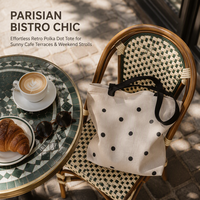 Sac fourre-tout en toile imprimé sur mesure, motif à pois noirs, sac à main en coton pour femmes, style rétro français, pour le shopping quotidien