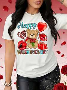 T-shirt da donna con stampa orsetto e cuore per San Valentino, girocollo, manica corta, casual, 100% cotone traspirante, per primavera ed estate - Product Image 3