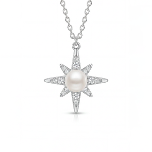 Collier en argent S925 avec perle d'eau douce, pendentif halo en forme de fleur soleil avec CZ marquise, bijou cadeau pour femme - Product Image 1