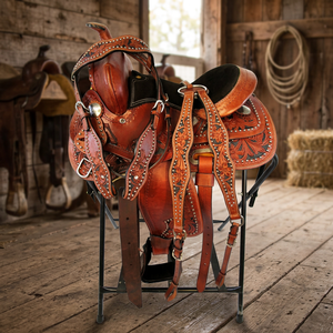 Cosmico Ventures Western <b>Leather</b> Horse Saddle Brass Hardware Floral <b>Tooling</b> Eco-Friendly Comfort Features Removable Washable - Product Image 2