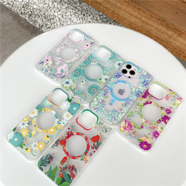 Custom Clear Sublimation Printed Flower Wireless Charging Magnetic TPU+PC Shockproof Waterproof Mobile Phone Case for 14
