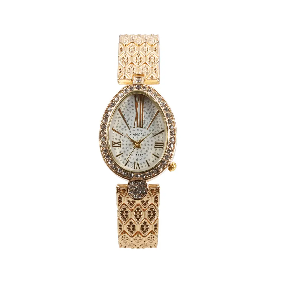 Best Seller Bling Brand Diamond Iced Out Rose Quartz Luxury Gold Flower Ladies Wrist Watch