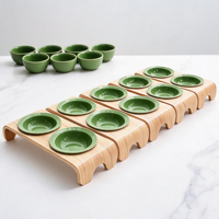 Support surélevé portable en bois massif pour gamelles de chat, double gamelle en céramique verte pour animaux de compagnie, plats surélevés en bois courbé pour nourriture et eau pour chiens, vente en gros