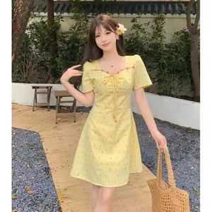 Yellow Floral Print Short Sleeve Dress Tie Neck Tummy Control Slim Fit Casual Daily Wear Women's Summer Dress - Product Image 2
