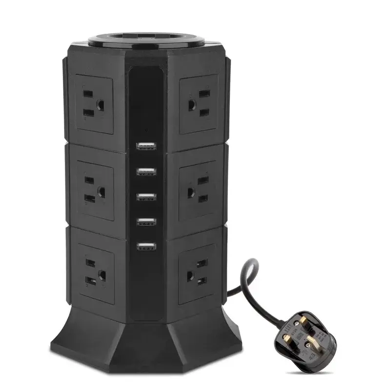 Power Strip Tower Multi Plug US presa USB universale presa per cavo di prolunga da 2M con 5 porte di ricarica USB e 12 prese