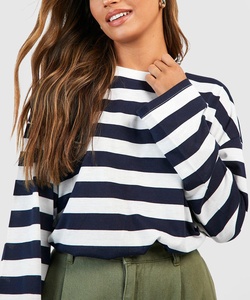 Mujer moda Otoño primavera blanco azul marino rayas ancho manga larga algodón suave transpirable Material alta calidad camiseta - Product Image 4