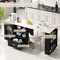 Îlot de cuisine roulant étroit avec comptoir extensible rabattable, dessus blanc, tiroir de rangement, armoire vitrée et roulettes
