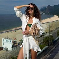 Robes longues décontractées d'été en laine peignée respirante pour femmes, style personnalisé ODM avec logo, manches longues, chemise de plage décontractée, devant naturel