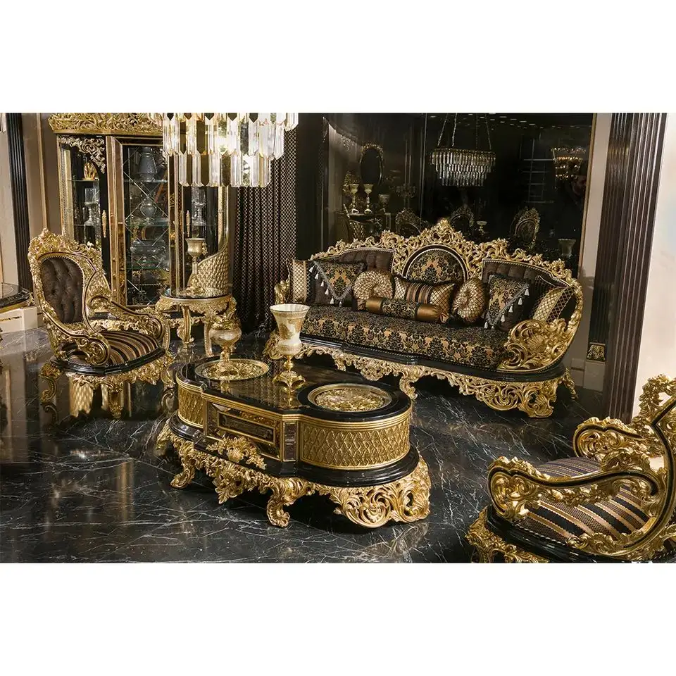 Turkish Luxury Antique Traditional Black Gold African Classical Baroque Royal Hand Carved Sofa Set Living Room Furniture Set