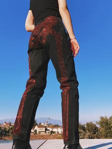 Custom High Waisted Skeleton <strong>Red</strong> Rhinestone Reconstructed <strong>Jeans</strong> <strong>Womens</strong> Black Denim Mom <strong>Jeans</strong> - Product Image 6