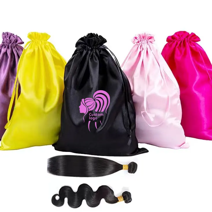 Benutzer definierte Logo Perücke Taschen Haar Bündel Satin Pink Tasche Verpackung Kordel zug Seide Satin Tasche für Perücken