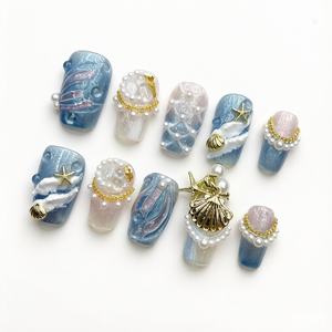 <span class=keywords><strong>Uñas</strong></span> Postizas al por Mayor, Hechas a Mano, Diseño <span class=keywords><strong>de</strong></span> Cola <span class=keywords><strong>de</strong></span> Sirena <span class=keywords><strong>Azul</strong></span>, Forma Corta, Acrílicas, con Detalles Pintados a Mano - Product Image 1
