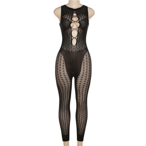 Combinaison en maille ajourée transparente avec dentelle pour femme, body une pièce en résille sans manches, tenue de club sexy - Product Image 2