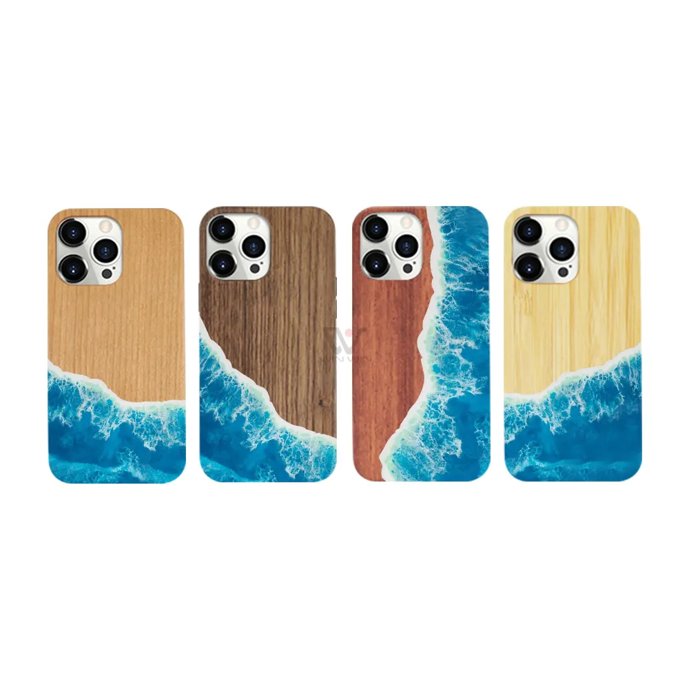 Capa de madeira durável para celular Samsung S24 Ultra, capinha de madeira real com desenho de ondas do mar, TPU Soft