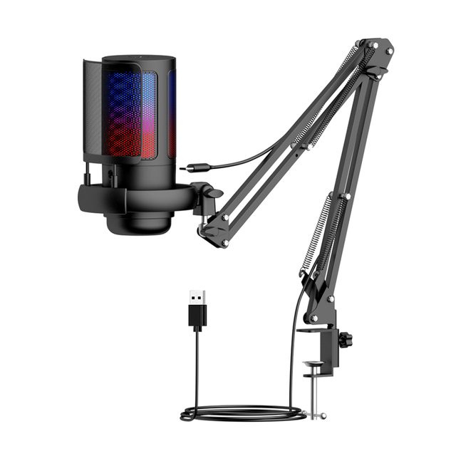Professional USB Gaming Microphone with RGB Light Adjustable Boom Arm with Pop Filter