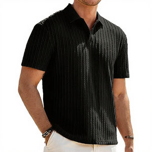 Chemise de golf décontractée pour homme à manches courtes, boutonnée, respirante, à motif géométrique, 100 % polyester tricoté extensible, avec détection de mailles - Product Image 3