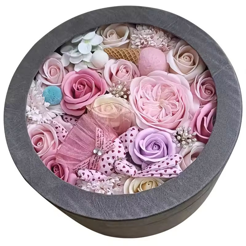 กล่องของขวัญทรงกลมลายดอกกุหลาบ-สีชมพู