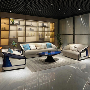Ensemble de canapés 1-2-3 places en cuir véritable de luxe moderne, inspiré de l'industrie automobile, bleu roi brillant, solution de mobilier tout-en-un - Product Image 4