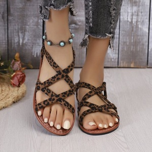 Women Leopard Print Flat <b>Sandals</b> Crisscross Strap <b>Elastic</b> Ankle Strap Summer Casual Beach Ladies <b>Sandals</b> Wholesale - Product Image 1