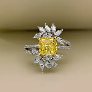 New 1 carat princess square yellow diamond 5A zircon ice flower cut S925 sterling silver wedding ring women's jewelry wholesale